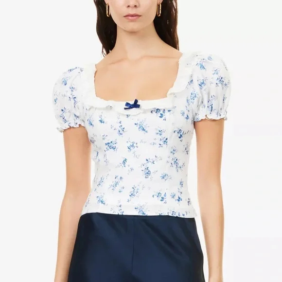 Reformation Alice Puff Sleeve Linen Top in Orlaya - Picture 2 of 6